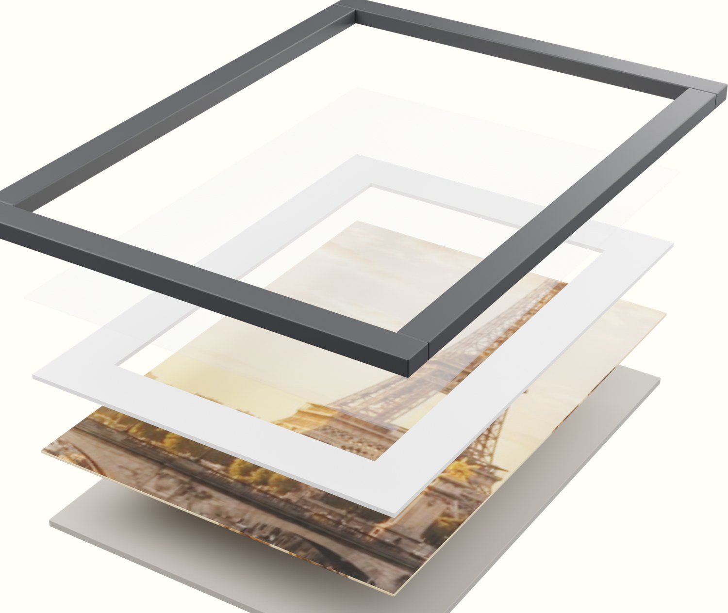 A framed print pulled apart into backing board, print, mount, glass and moulding