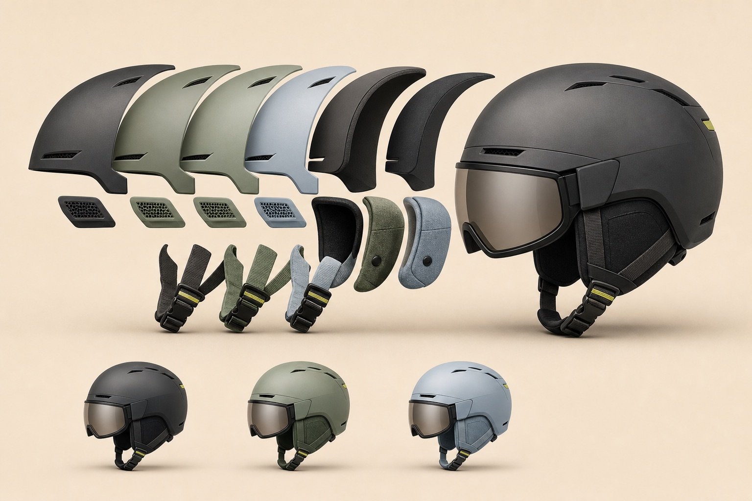 Ski helmet represented through aligned shell, visor, ventilation, padding and strap layers