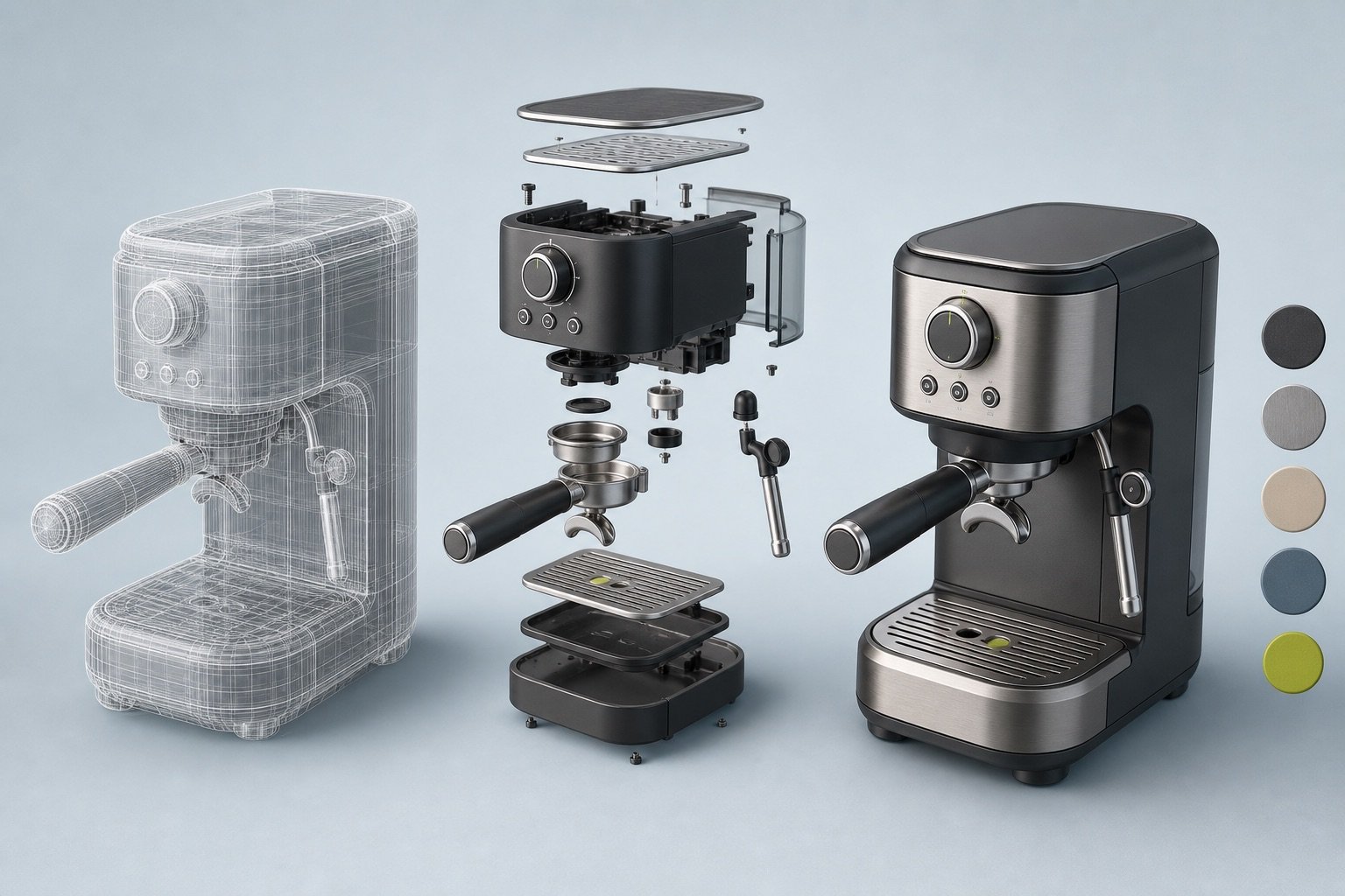 Espresso machine shown as wireframe geometry, separated components and a finished 3D model