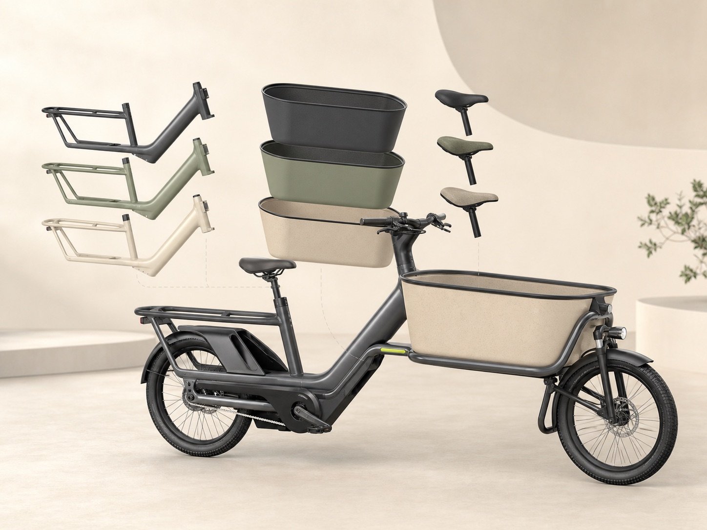 Electric cargo bicycle shown with interchangeable frame, cargo box and seat variants