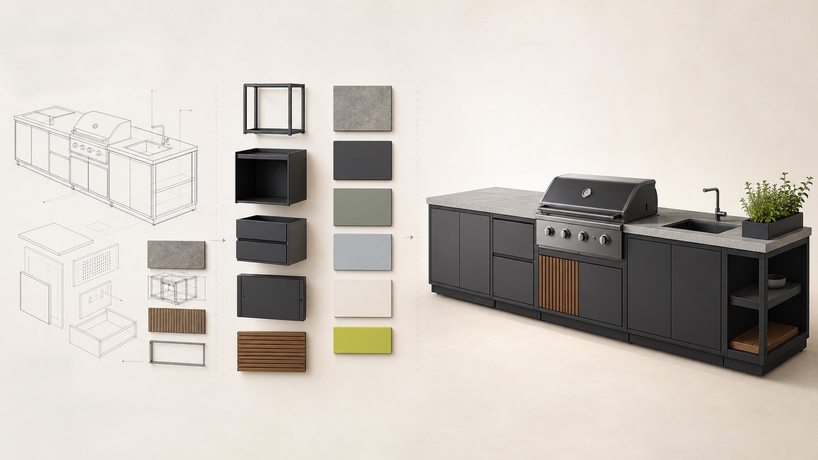Outdoor kitchen progressing from technical source material to structured modules and a finished product